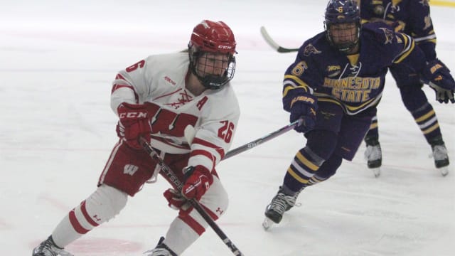 Wisconsin's Casey O'Brien handles the puck during the period of the team's hockey game with Minnesota State Saturday Feb. 25, 2023 at LaBahn Arena in Madison, Wis. Uwice Minnesota State 1 Feb 25 2023