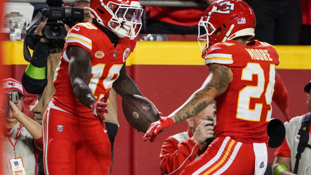 Oct 12, 2023; Kansas City, Missouri, USA; Kansas City Chiefs wide receiver Kadarius Toney (19) celebrates with Kansas City Chiefs wide receiver Skyy Moore (24) after Toney touchdown against the Denver Broncos during the first half at GEHA Field at Arrowhead Stadium. Mandatory Credit: Denny Medley-USA TODAY Sports  