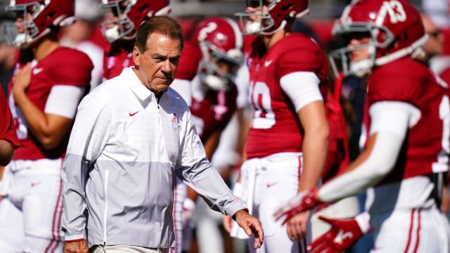 Alabama Crimson Tide head coach Nick Saban during warmups prior to their game against the Arkansas Razorbacks at Bryant-Denny Stadium.