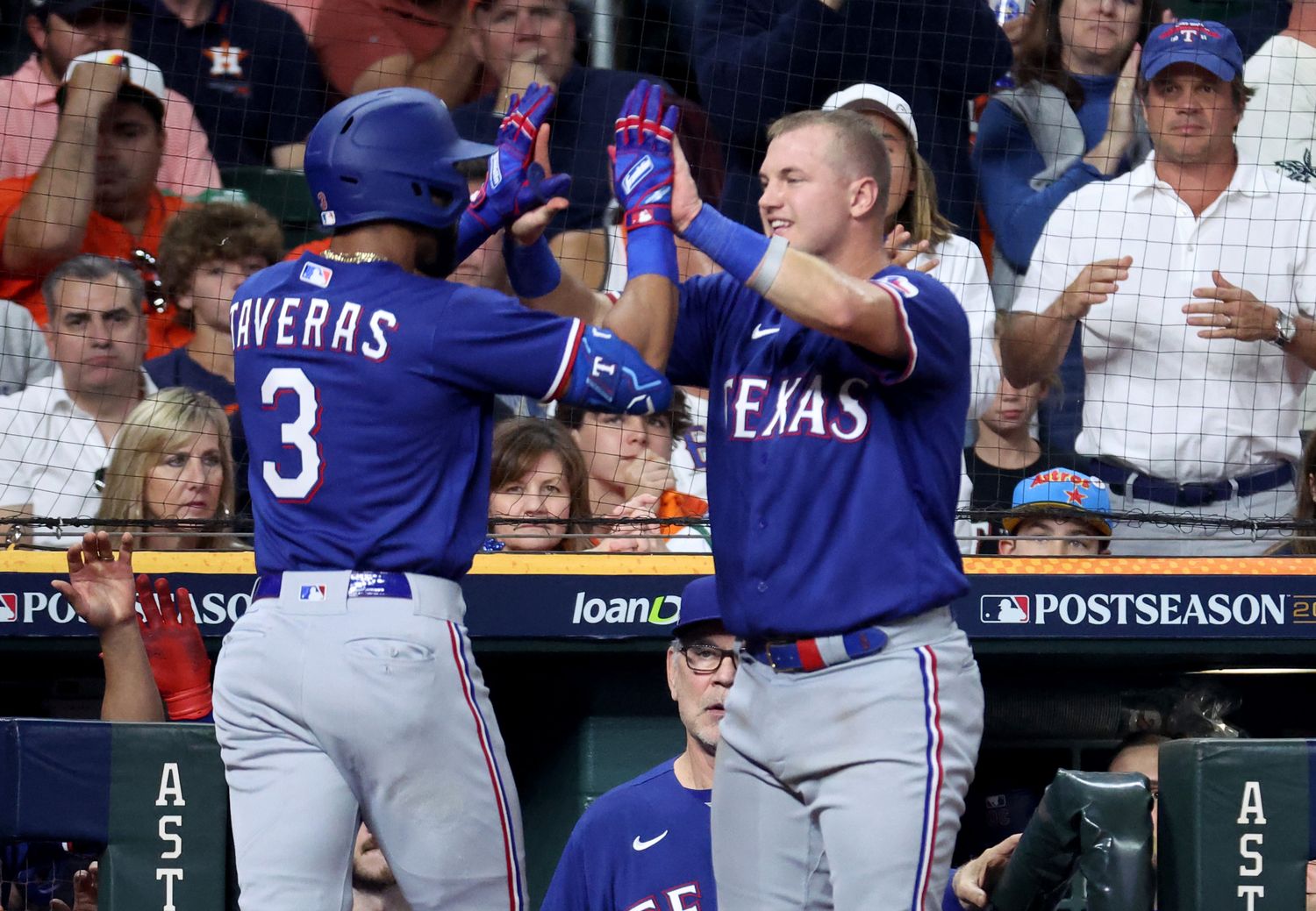 Oct 15, 2023; Houston, Texas, USA; Texas Rangers center fielder Leody Taveras (3) celebrates with Texas Rangers third baseman Josh Jung (6) after hitting a home run during the fifth inning of game one of the ALCS against the Houston Astros in the 2023 MLB playoffs at Minute Maid Park. Mandatory Credit: Troy Taormina-USA TODAY Sports