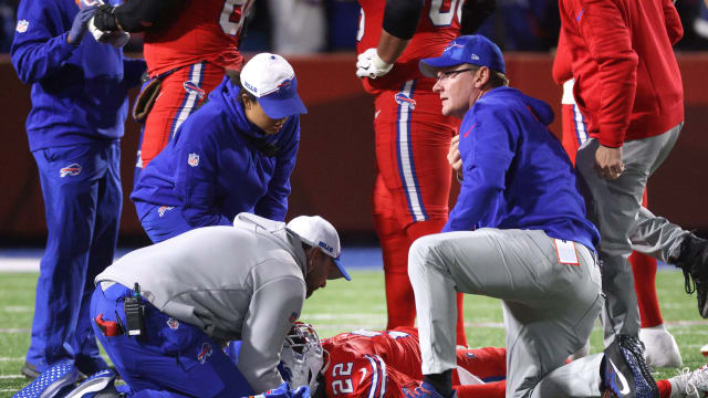 Buffalo Bills running back Damien Harris is aided by medical staff after suffering a neck injury against the New York Giants.