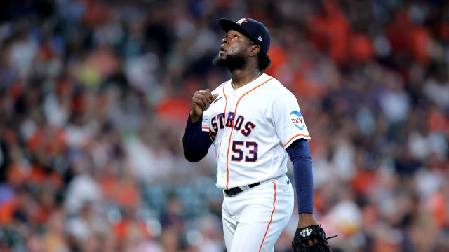 Sep 20, 2023; Houston, Texas, USA; Houston Astros starting pitcher Cristian Javier (53) reacts after a strikeout against the Baltimore Orioles during the first inning at Minute Maid Park. Mandatory Credit: Erik Williams-USA TODAY Sports