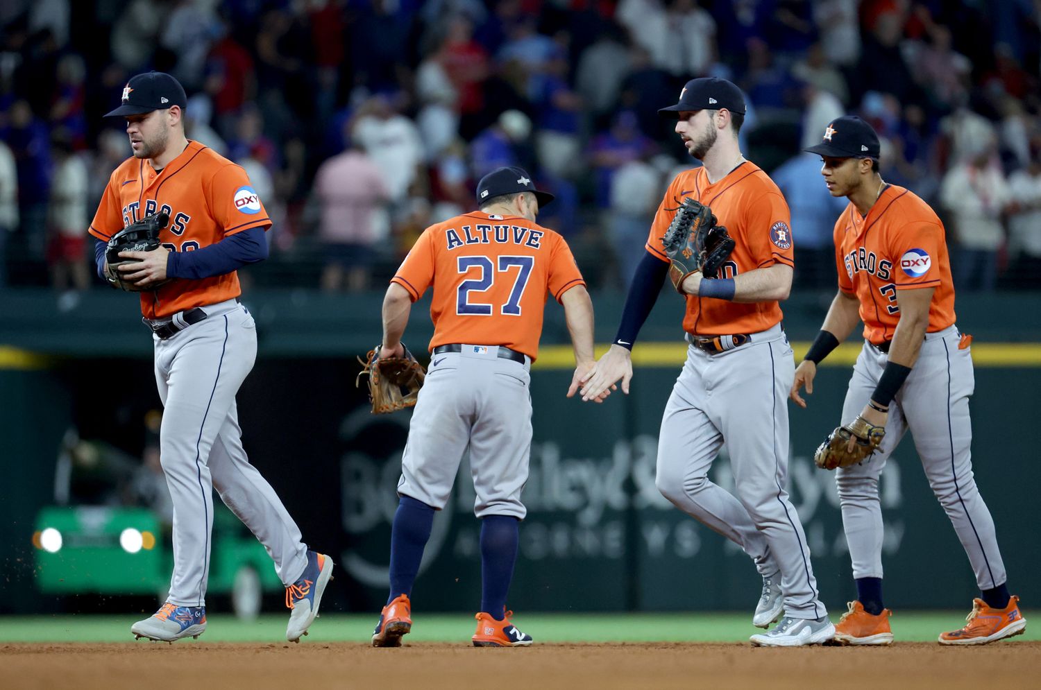 Oct 18, 2023; Arlington, Texas, USA; Houston Astros second baseman Jose Altuve (27) celebrates with right fielder Kyle Tucker (30) after winning game three of the ALCS against the Texas Rangers in the 2023 MLB playoffs at Globe Life Field. Mandatory Credit: Kevin Jairaj-USA TODAY Sports