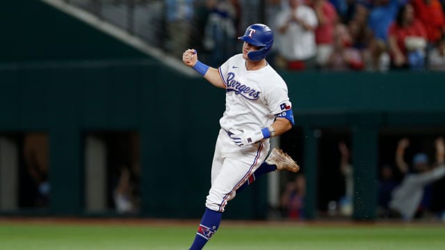 Oct 18, 2023; Arlington, Texas, USA; Texas Rangers third baseman Josh Jung (6) celebrates after hitting a two-run home run during the seventh inning of game three of the ALCS against the Houston Astros in the 2023 MLB playoffs at Globe Life Field. Mandatory Credit: Andrew Dieb-USA TODAY Sports