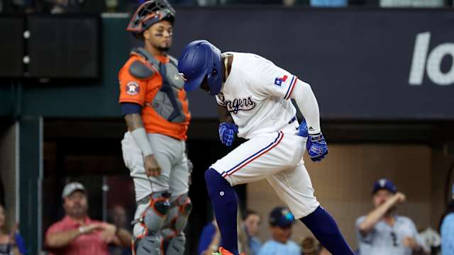 Oct 20, 2023; Arlington, Texas, USA; Texas Rangers right fielder Adolis Garcia (53) celebrates after hitting a three-run home run during the sixth inning of game five in the ALCS against the Houston Astros for the 2023 MLB playoffs at Globe Life Field. Mandatory Credit: Kevin Jairaj-USA TODAY Sports