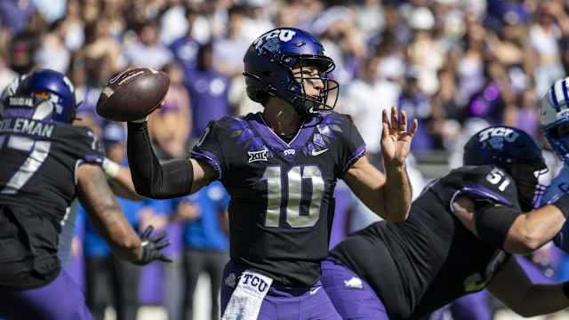 Oct 14, 2023; Fort Worth, Texas, USA; TCU Horned Frogs quarterback Josh Hoover (10) passes against the Brigham Young Cougars during the game at Amon G. Carter Stadium.