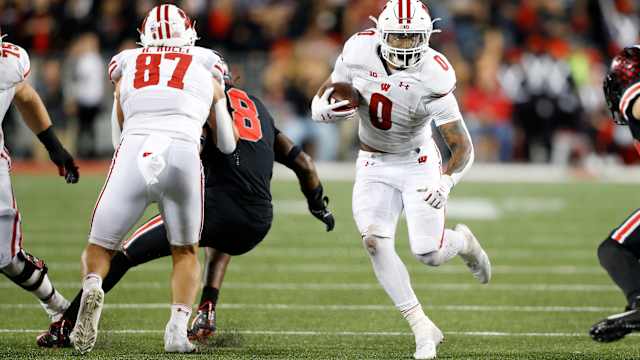 Sep 24, 2022; Columbus, Ohio, USA; Wisconsin Badgers running back Braelon Allen (0) runs the ball during the third quarter against the Ohio State Buckeyes at Ohio Stadium. Mandatory Credit: Joseph Maiorana-USA TODAY Sports