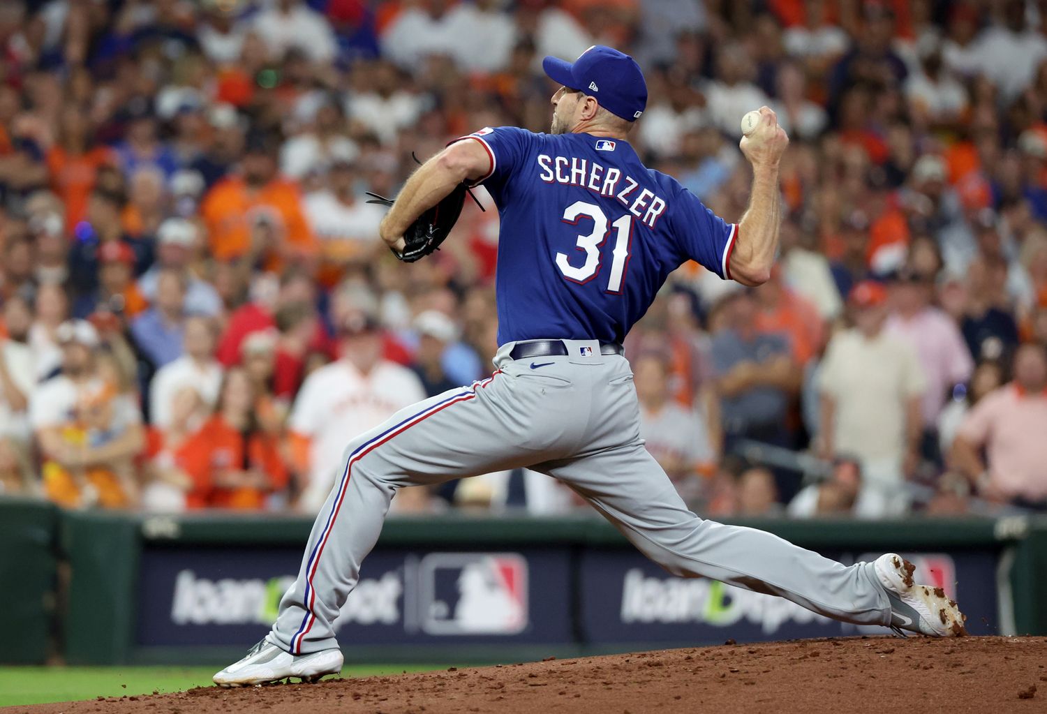 Oct 23, 2023; Houston, Texas, USA; Texas Rangers pitcher Max Scherzer (31) throws during the first inning of game seven in the ALCS against the Houston Astros for the 2023 MLB playoffs at Minute Maid Park. Mandatory Credit: Erik Williams-USA TODAY Sports