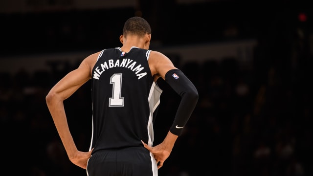 Oct 9, 2023; Oklahoma City, Oklahoma, USA; San Antonio Spurs center Victor Wembanyama (1) during the game against the Oklahoma City Thunder at Paycom Center.