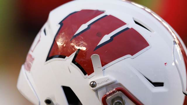 Oct 14, 2023; Madison, Wisconsin, USA; General view of a Wisconsin Badgers helmet during the game against the Iowa Hawkeyes at Camp Randall Stadium. Mandatory Credit: Jeff Hanisch-USA TODAY Sports