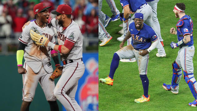 Arizona Diamondbacks teammates Lourdes Gurriel Jr. and Geraldo Perdomo celebrate their Game 7 win over the Philadelphia Phillies Tuesday at Citizens Bank Park in Philadelphia. Texas Rangers' Adolis Garcia and Jonah Heim celebrated their Game 7 win Monday at Minute Maid Park in Houston.