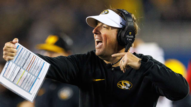 Oct 14, 2023; Lexington, Kentucky, USA; Missouri Tigers head coach Eliah Drinkwitz reacts during the fourth quarter against the Kentucky Wildcats at Kroger Field.