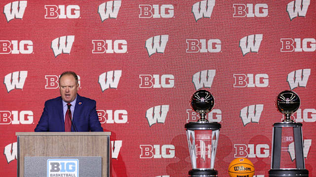 Oct 10, 2023; Minneapolis, MN, USA; Wisconsin Badgers head coach Greg Gard speaks to the media during the Big Ten basketball media days at Target Center. Mandatory Credit: Matt Krohn-USA TODAY Sports