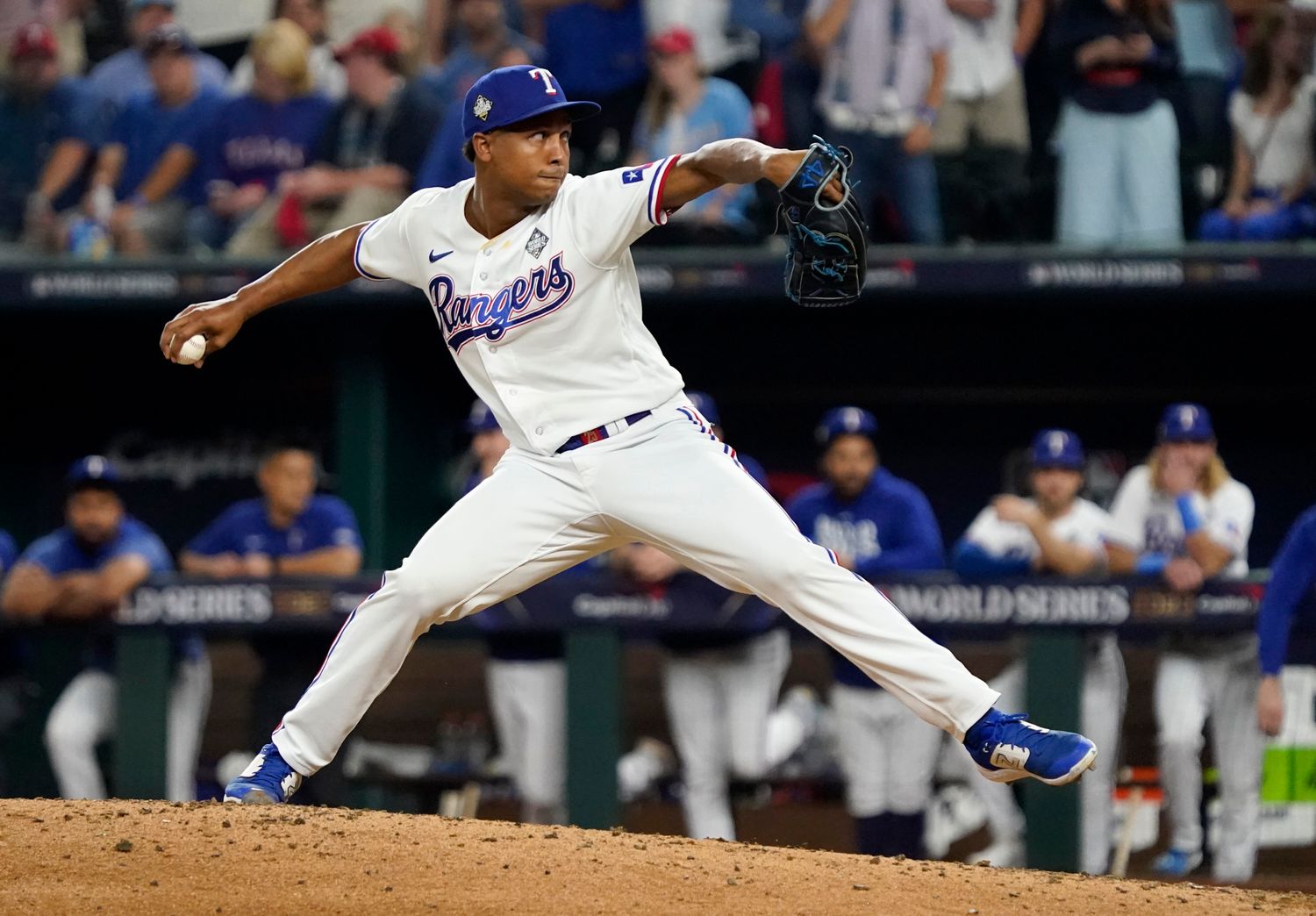 Oct 27, 2023; Arlington, TX, USA; Texas Rangers pitcher Jose Leclerc (25) throws during the tenth inning in game one of the 2023 World Series against the Arizona Diamondbacks at Globe Life Field. Mandatory Credit: Raymond Carlin III-USA TODAY Sports