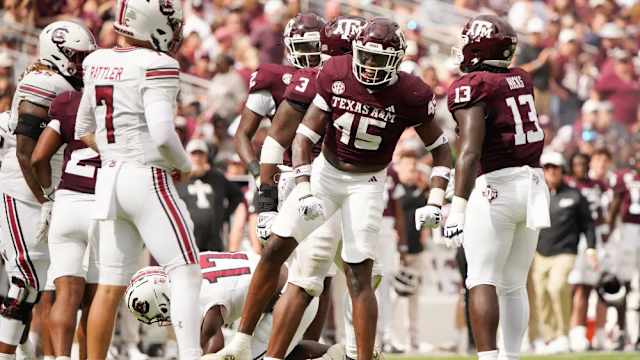 Oct 28, 2023; College Station, Texas; Texas A&M Aggies linebacker Edgerrin Cooper (45) celebrates a tackle against the South Carolina Gamecocks during the second quarter at Kyle Field.