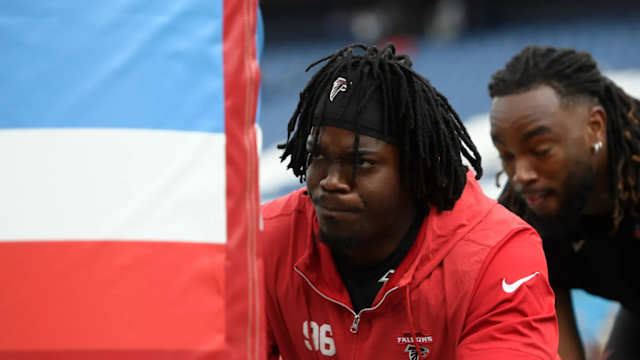 Oct 29, 2023; Nashville, Tennessee, USA; Atlanta Falcons defensive end Zach Harrison (96) T during pregame warmups at Nissan Stadium.