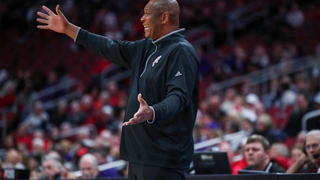Louisville head coach Kenny Payne yells in frustration during the second half. The Cards lost to Kentucky Wesleyan, 71-68 Monday night in the team's final exhibition game. Oct. 30, 2023.