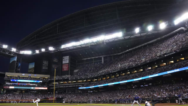Arizona Diamondbacks starting pitcher Brandon Pfaadt throws a pitch against the Texas Rangers during the third inning in Game 3 of the 2023 World Series Monday at Chase Field in Phoenix.