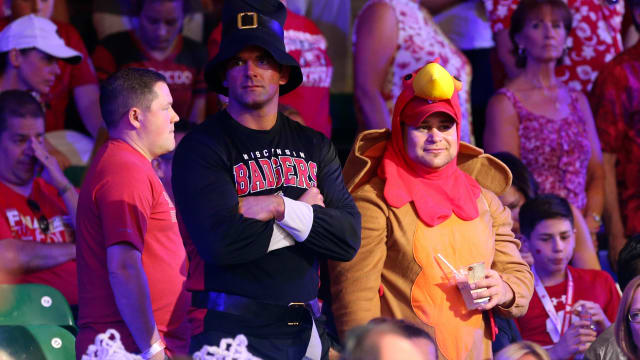 Nov 22, 2018; Paradise Island, BAHAMAS; Wisconsin Badgers fans dressed for Thanksgiving during the second half against the Oklahoma Sooners at Imperial Arena. Mandatory Credit: Kevin Jairaj-USA TODAY Sports