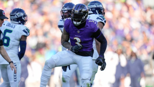 Nov 5, 2023; Baltimore, Maryland, USA; Baltimore Ravens wide receiver Odell Beckham Jr. (3) celebrates after making a catch for a first down against the Seattle Seahawks during the third quarter at M&T Bank Stadium.