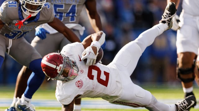 Nov 11, 2023; Lexington, Kentucky, USA; Alabama Crimson Tide running back Jase McClellan (2) falls to the ground against the Kentucky Wildcats during the third quarter at Kroger Field.