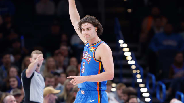 Oct 30, 2023; Oklahoma City, Oklahoma, USA; Oklahoma City Thunder guard Josh Giddey (3) celebrates a made basket against the Detroit Pistons during the second half at Paycom Center. Oklahoma City won 124-112. 