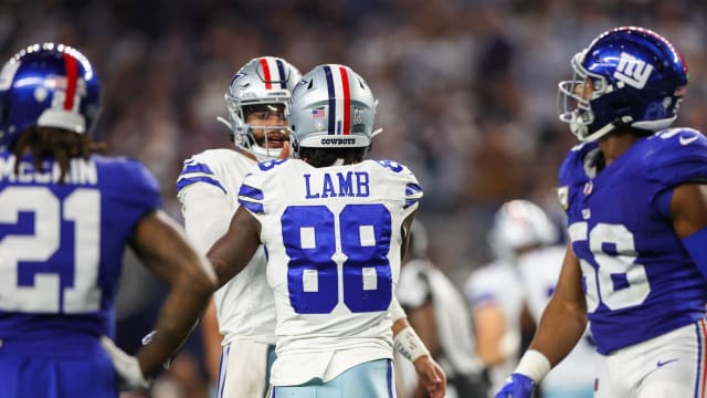 Nov 12, 2023; Arlington, Texas, USA; Dallas Cowboys wide receiver CeeDee Lamb (88) and Dallas Cowboys quarterback Dak Prescott (4) react after a touchdown during the second half against the New York Giants at AT&T Stadium.