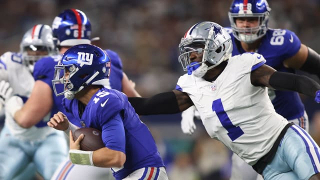 Nov 12, 2023; Arlington, Texas, USA; Dallas Cowboys safety Jayron Kearse (1) attempts to sack New York Giants quarterback Tommy DeVito (15) in the second quarter at AT&T Stadium.