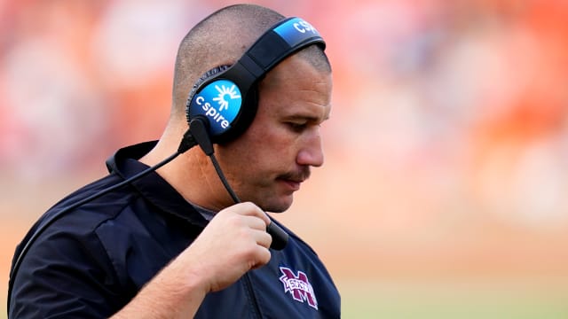 Mississippi State Bulldogs head coach Zach Arnett reacts after a failed series of down against the Auburn Tigers during the second half at Jordan-Hare Stadium.