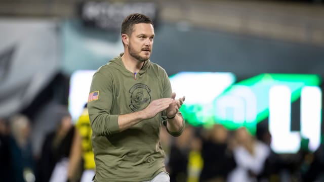 Oregon head coach Dan Lanning walks the field before the game as the No. 6 Oregon Ducks host the USC Trojans Saturday, Nov. 11, 2023, at Autzen Stadium in Eugene, Ore. 