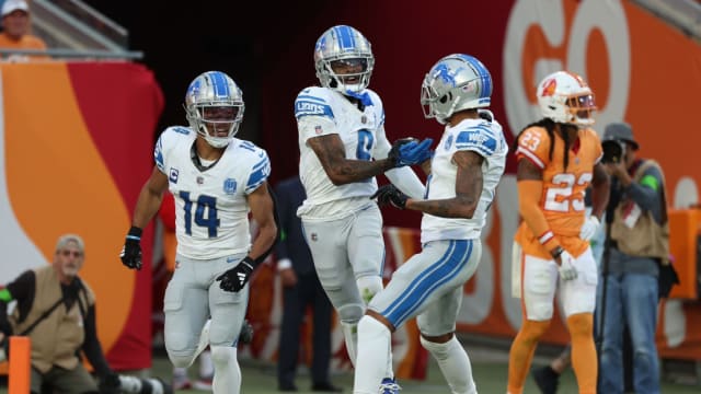 Detroit Lions wide receiver Jameson Williams celebrates a touchdown against the Tampa Bay Buccaneers.