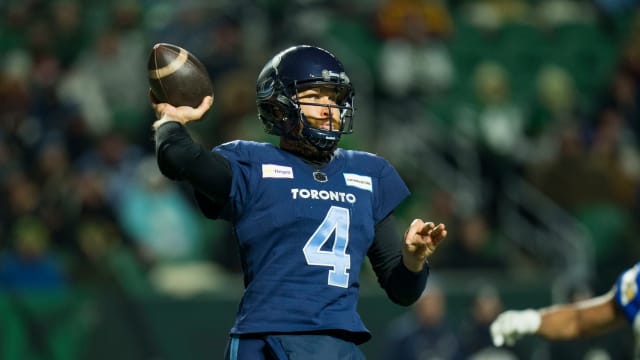 Nov 20, 2022; Regina, Saskatchewan, CAN; Toronto Argonauts quarterback McLeod Bethel-Thompson (4) passes against the Winnipeg Blue Bombers during the first half at Mosaic Stadium. Mandatory Credit: Bob Frid-USA TODAY Sports