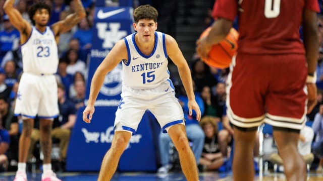 Nov 6, 2023; Lexington, Kentucky, USA; Kentucky Wildcats guard Reed Sheppard (15) guards New Mexico State Aggies guard Jaylin Jackson-Posey (0) during the second half at Rupp Arena at Central Bank Center. Mandatory Credit: Jordan Prather-USA TODAY Sports