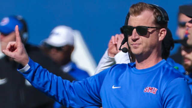 SMU coach Rhett Lashlee on sidelines against Memphis