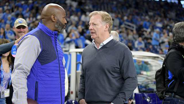 NFL commissioner Roger Goodell speaks with Detroit Lions general manager Brad Holmes.