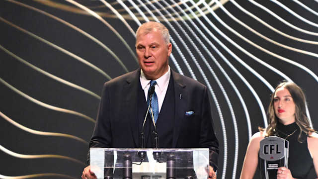 Nov 16, 2023; Niagra Falls, Ontario, CAN; CFL Commissioner Randy Ambrosie speaks on stage during the CFL Awards at Fallsview Casino & Resort. Mandatory Credit: Dan Hamilton-USA TODAY Sports
