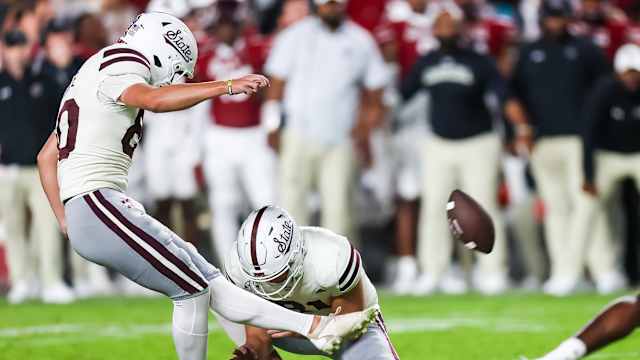 Sep 23, 2023; Columbia, South Carolina, USA; Mississippi State Bulldogs place kicker Kyle Ferrie (80) kicks a field goal against the South Carolina Gamecocks in the second half at Williams-Brice Stadium. Mandatory Credit: Jeff Blake-USA TODAY Sports