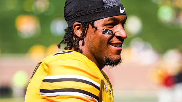 Missouri wide receiver Luther Burden smiles before a college football game against South Carolina at Memorial Stadium on Oct. 21, 2023, in Columbia, Mo.