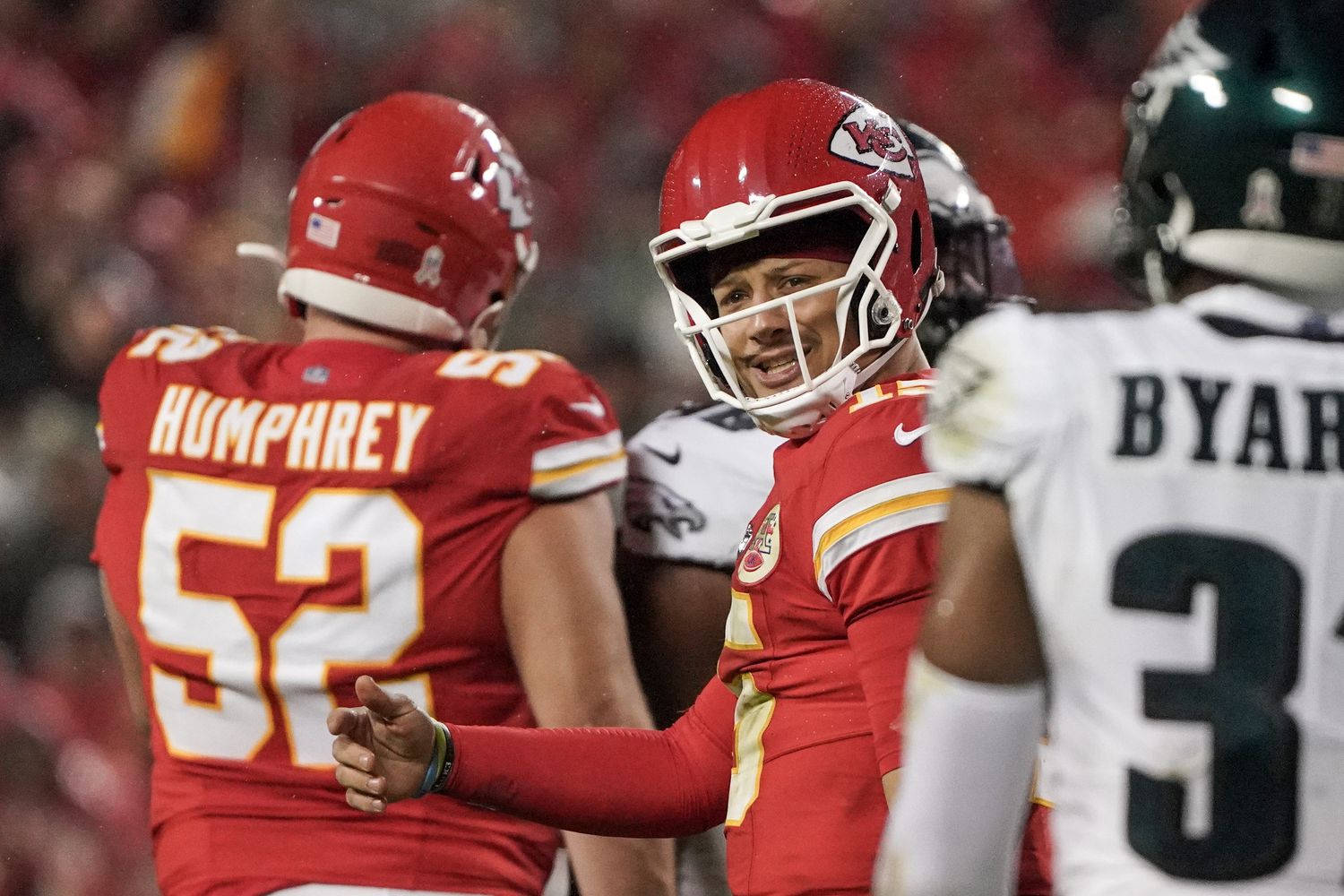 Nov 20, 2023; Kansas City, Missouri, USA; Kansas City Chiefs quarterback Patrick Mahomes (15) reacts toward an official against the Philadelphia Eagles during the first half at GEHA Field at Arrowhead Stadium. Mandatory Credit: Denny Medley-USA TODAY Sports  