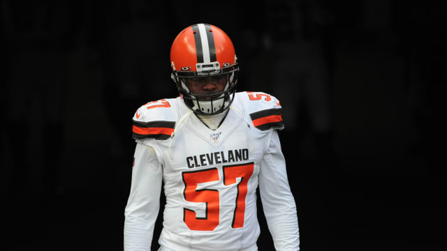 Dec 1, 2019; Pittsburgh, PA, USA; Cleveland Browns linebacker Adarius Taylor (57) takes the field before playing the Pittsburgh Steelers at Heinz Field. Mandatory Credit: Philip G. Pavely-USA TODAY Sports