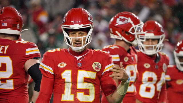 Nov 20, 2023; Kansas City, Missouri, USA; Kansas City Chiefs quarterback Patrick Mahomes (15) gestures to the sidelines against the Philadelphia Eagles during the second half at GEHA Field at Arrowhead Stadium. Mandatory Credit: Denny Medley-USA TODAY Sports  