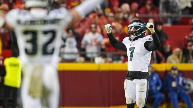 Philadelphia Eagles Reed Blankenship (left) and Haason Reddick celebrate the team's 21-17 win over the Kansas City Chiefs