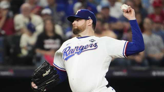 Texas Rangers starting pitcher Jordan Montgomery (52) throws a pitch against the Arizona Diamondbacks during the second inning in game two of the 2023 World Series at Globe Life Field on Oct. 28, 2023, Arlington, Texas.  