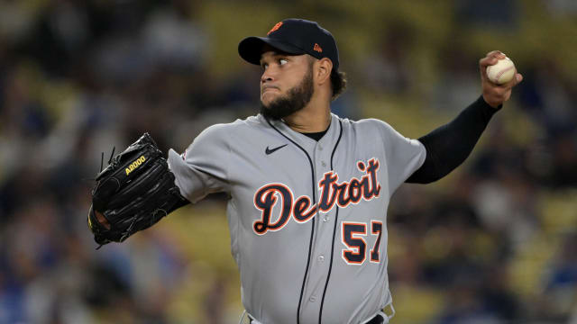 Sep 18, 2023; Los Angeles, California, USA; Detroit Tigers starting pitcher Eduardo Rodriguez (57) delivers in the first inning against the Los Angeles Dodgers at Dodger Stadium.