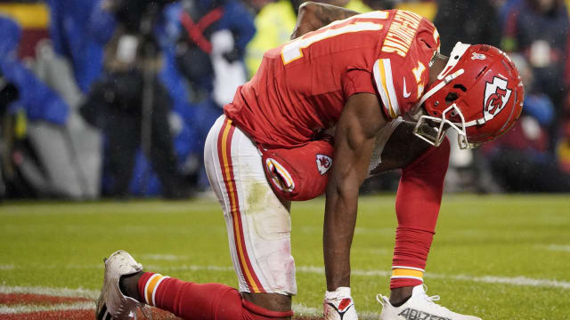 Nov 20, 2023; Kansas City, Missouri, USA; Kansas City Chiefs wide receiver Marquez Valdes-Scantling (11) reacts after dropping a pass against the Philadelphia Eagles during the second half at GEHA Field at Arrowhead Stadium. Mandatory Credit: Denny Medley-USA TODAY Sports  