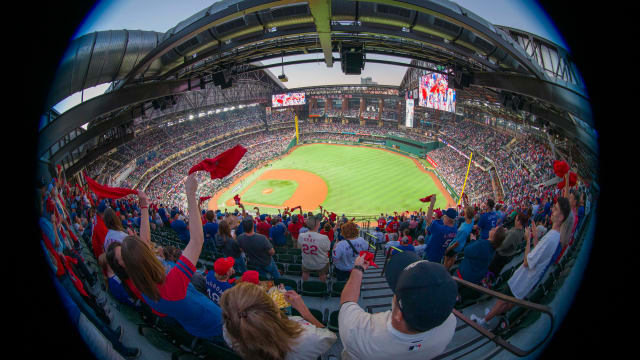 A view of Texas Rangers fans waving rally towels before Game 4 of the American League Championship Series against the Houston Astros in October at Globe Life Field.