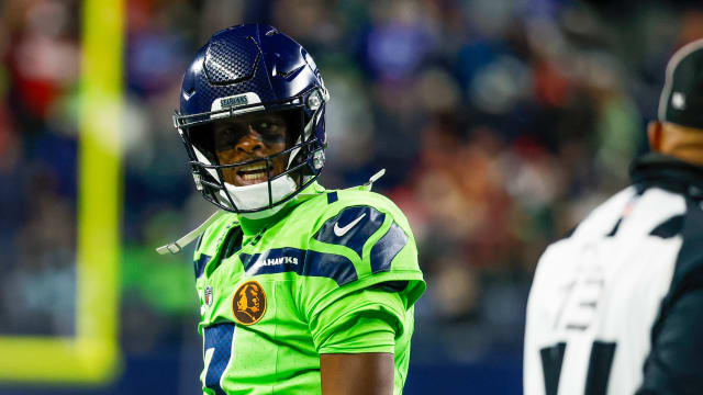 Seattle Seahawks quarterback Geno Smith (7) reacts towards a referee following a play against the San Francisco 49ers during the third quarter at Lumen Field.