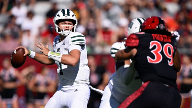 Aug 26, 2023; San Diego, California, USA; Ohio Bobcats quarterback Kurtis Rourke (7) throws a pass against the San Diego State Aztecs during the first half at Snapdragon Stadium. Mandatory Credit: Orlando Ramirez-USA TODAY Sports