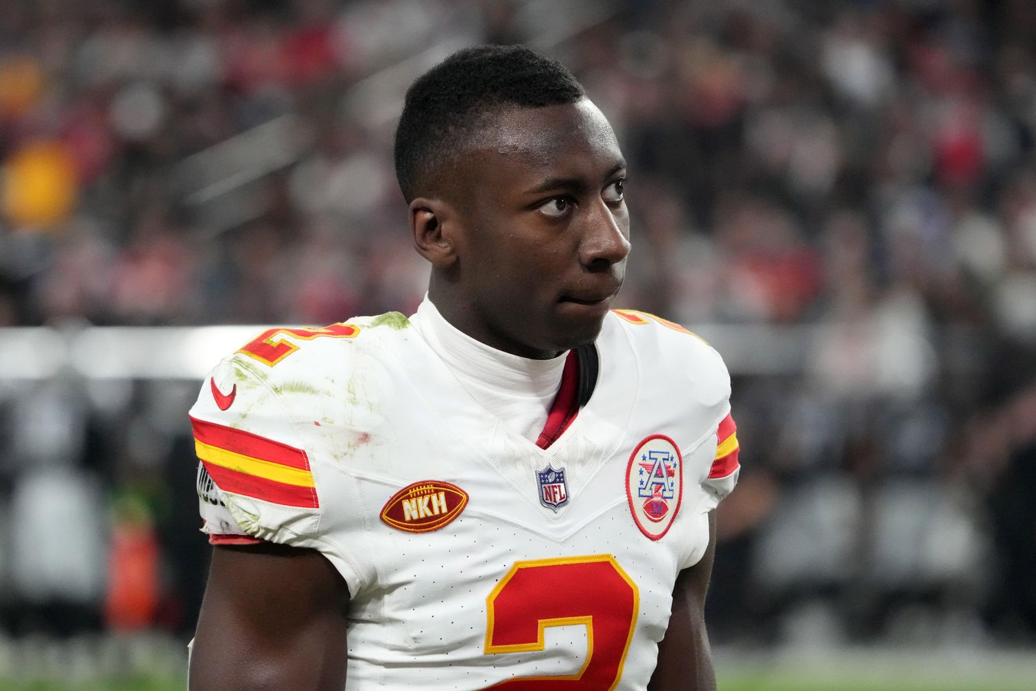 Nov 26, 2023; Paradise, Nevada, USA; Kansas City Chiefs cornerback Joshua Williams (2) watches from the sidelines in the second half against the Las Vegas Raiders at Allegiant Stadium. Mandatory Credit: Kirby Lee-USA TODAY Sports  