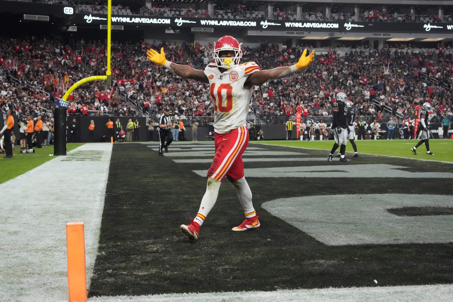 Nov 26, 2023; Paradise, Nevada, USA; Kansas City Chiefs running back Isiah Pacheco (10) celebrates in the first half against the Las Vegas Raiders at Allegiant Stadium. Mandatory Credit: Kirby Lee-USA TODAY Sports  